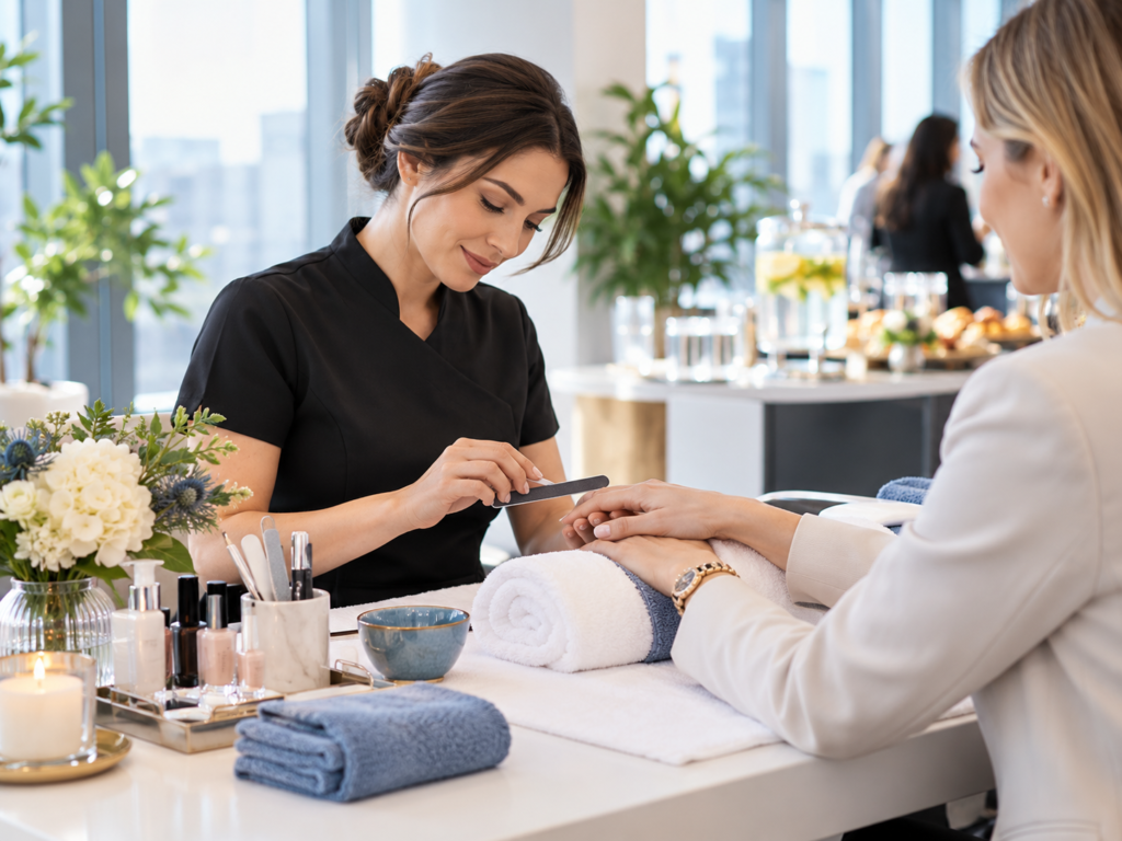 Professional manicure treatment during a corporate wellness event