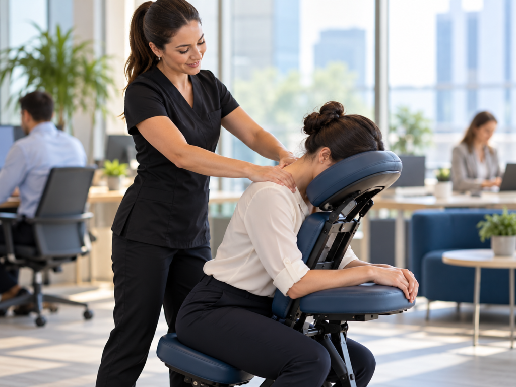 Professional seated chair massage at a corporate workplace in London